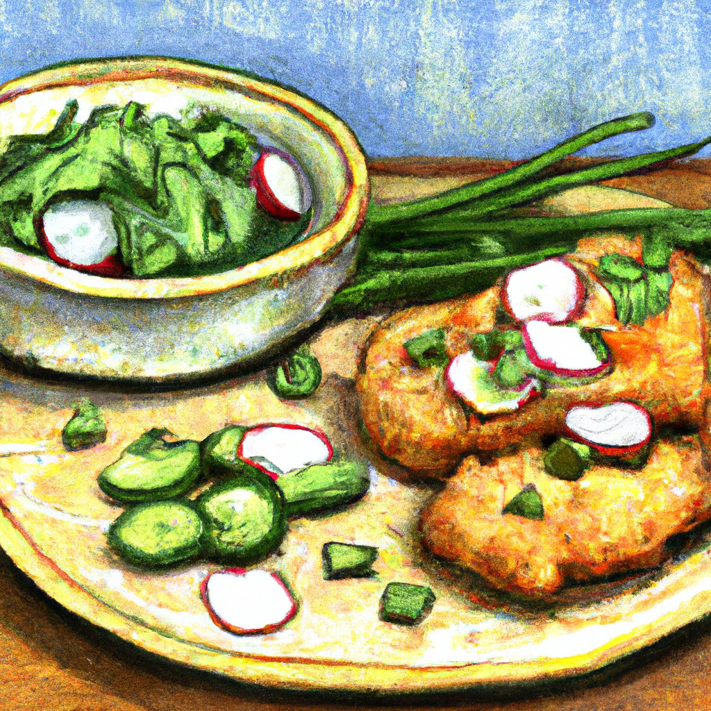 Chicken Katsu with tonkatsu sauce and cucumber salad with radish and dill