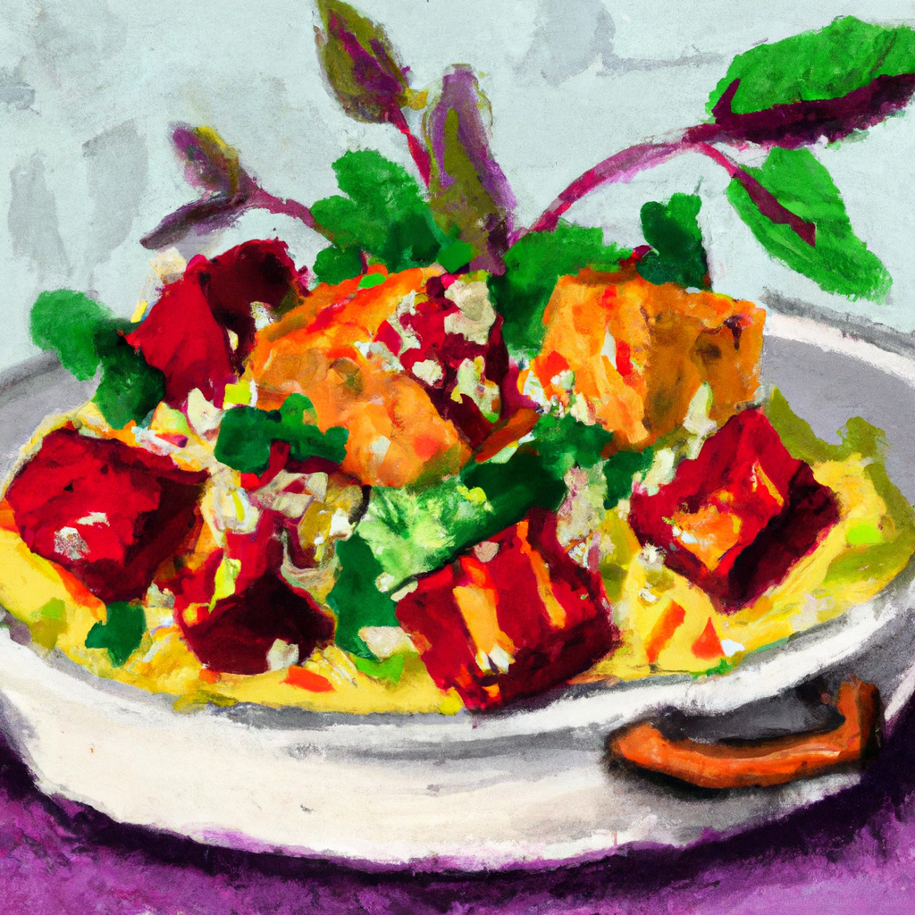 Creamy Polenta with Brussels Sprouts, Beets, and Crispy Tofu