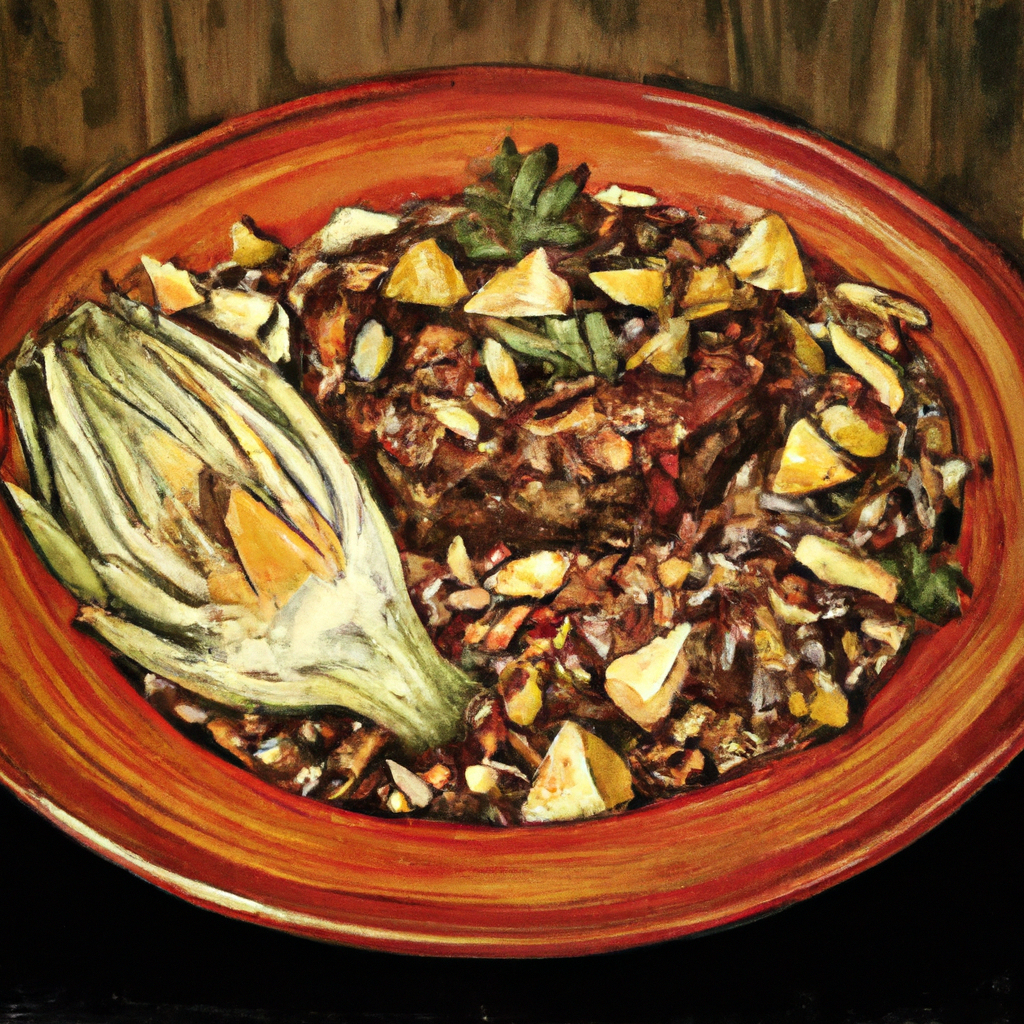 Spiced Freekeh with Minced Beef & Nuts with Grilled Artichoke
