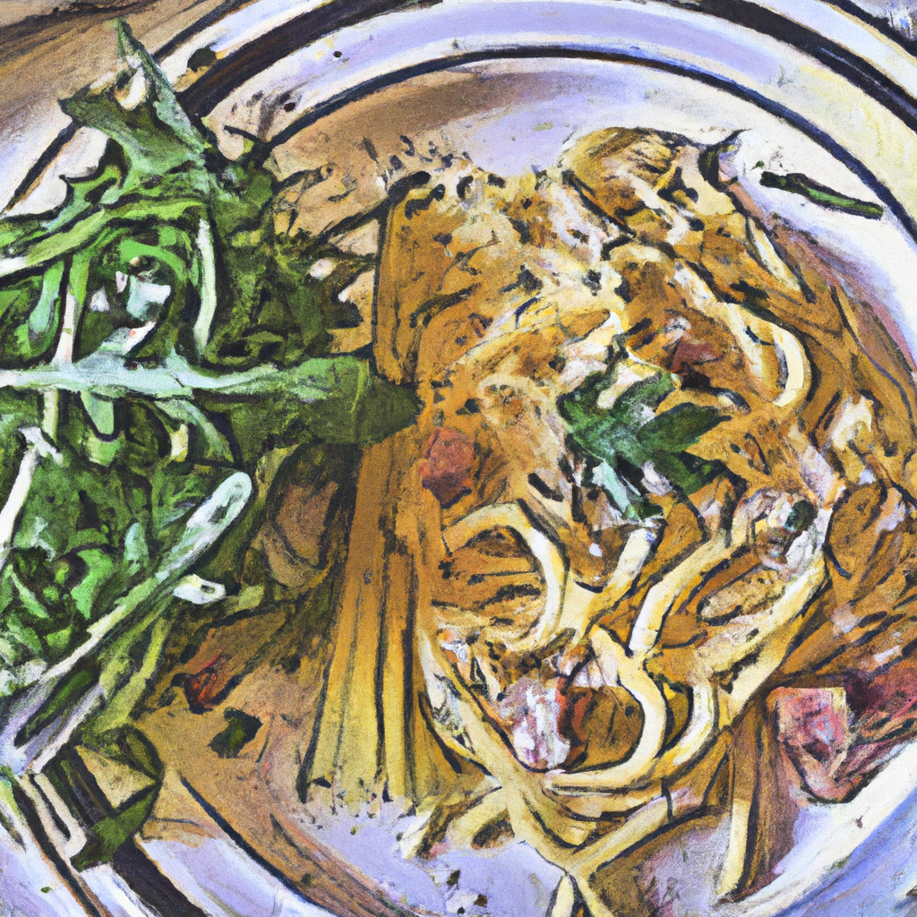 bucatini carbonara with leaks and lemon and a side salad of arugula and endive