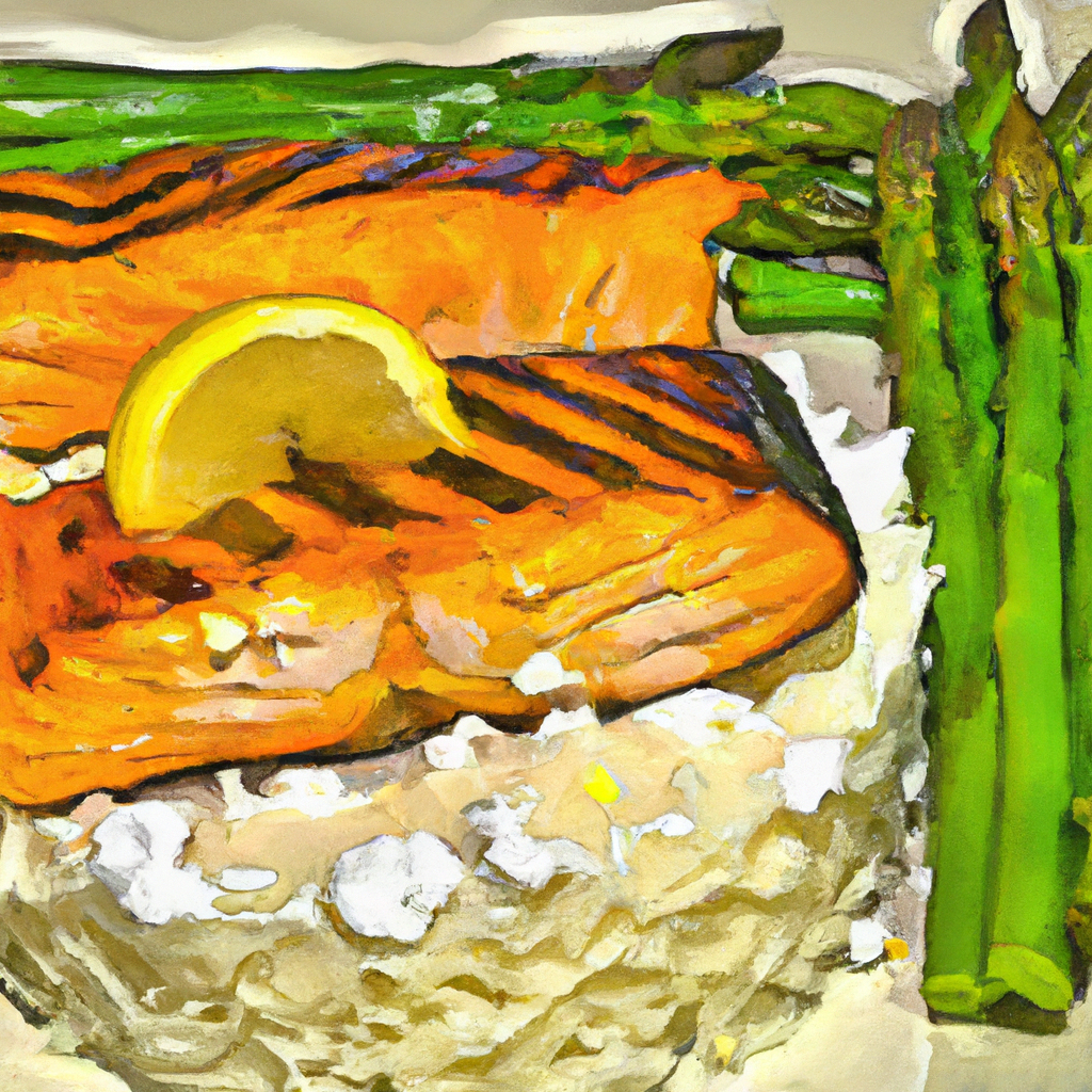 Grilled Salmon with Lemony Asparagus and Rice Pilaf