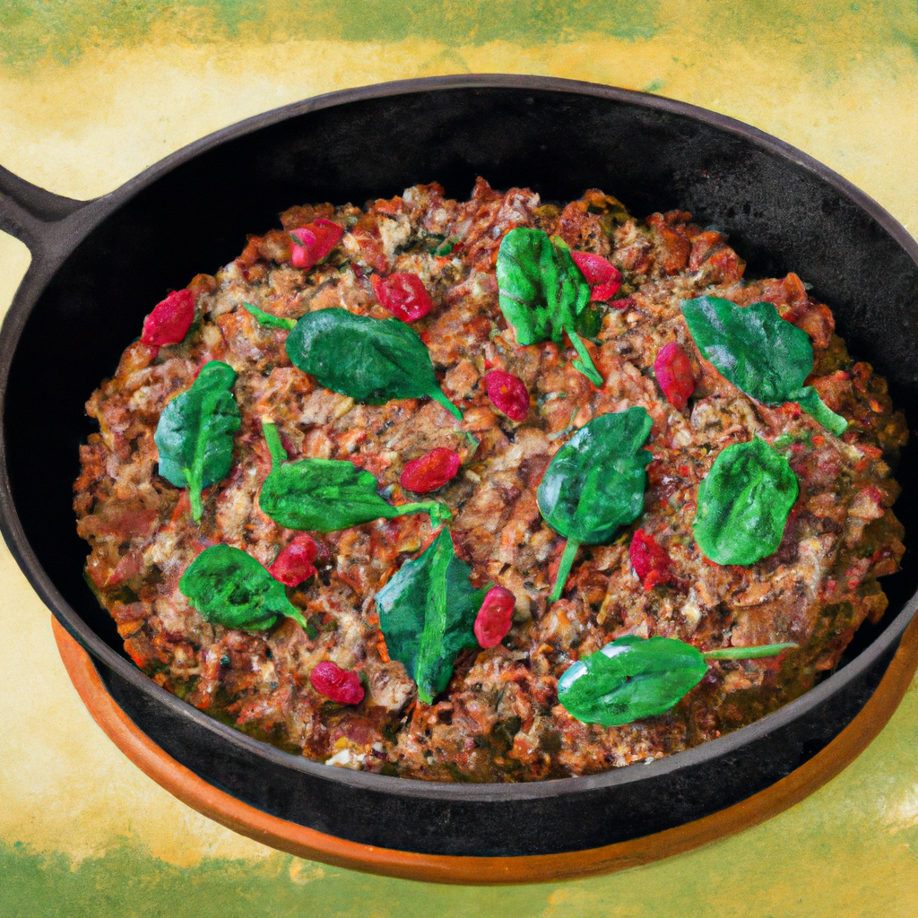 ground lamb skillet with spelt, spinach, rosemary, and raisins